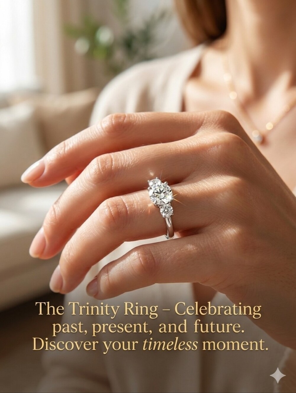 Trinity-Stone Clear Cubic Zirconia Ring in Rhodium Plated Sterling Silver